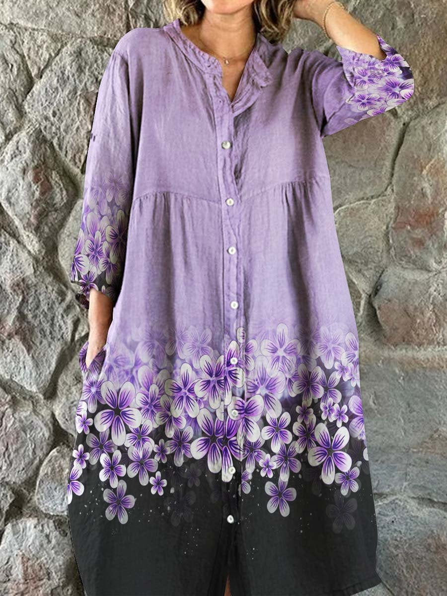Women's Elegant Retro Floral Print Shirt Style Cotton Linen Dress