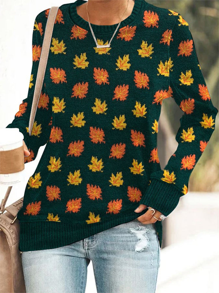 Women's Halloween Maple Leaf Design Printed Crew Neck Top artswardrobe