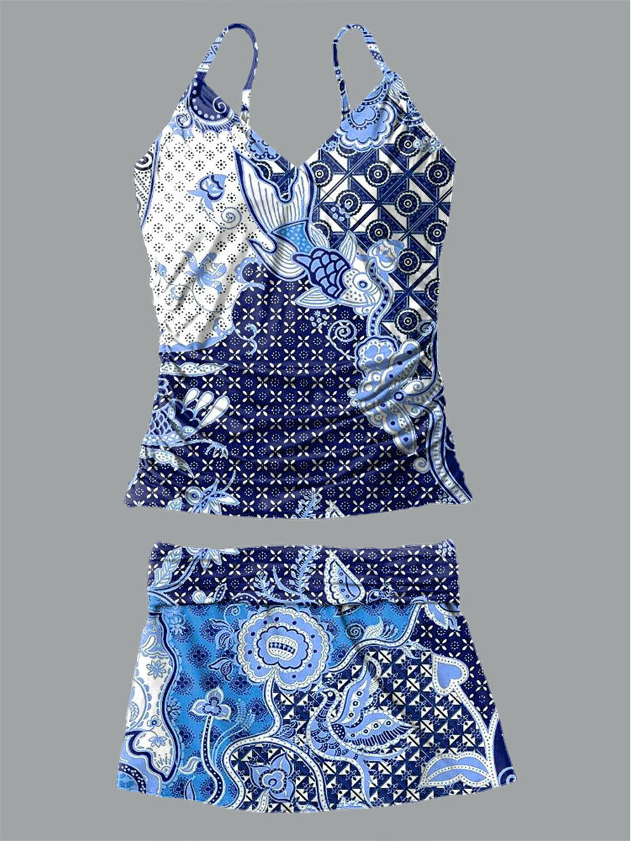 Women's Retro Stitching Floral Print Suspender Shirred Swimsuit Set