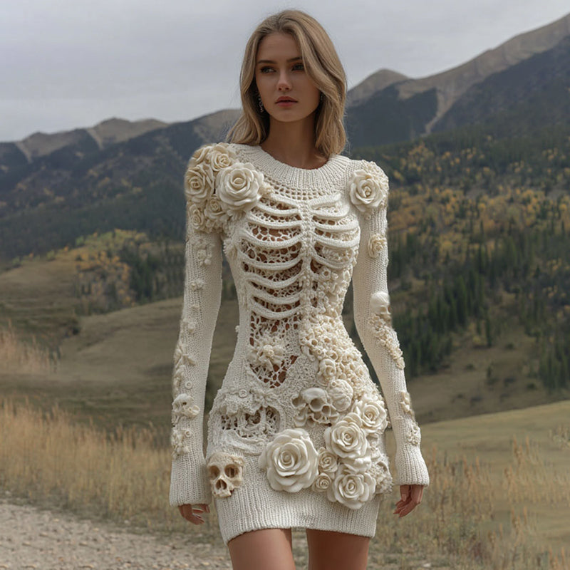 Women's Vintage Halloween Skeleton Skull With Rose Art Cozy Sweater Dress artswardrobe