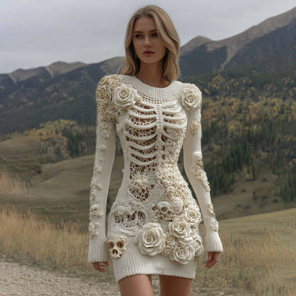 Women's Vintage Halloween Skeleton Skull With Rose Art Cozy Sweater Dress artswardrobe
