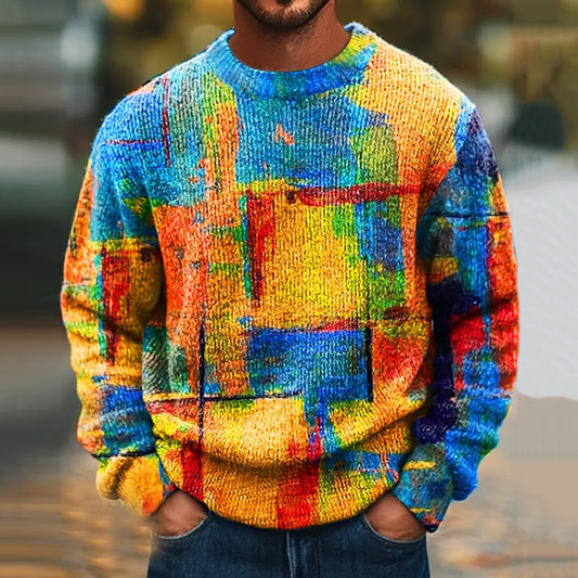 Men's Vintage Oil Painting Color Block Knitted Crew Neck Sweater elevenforest
