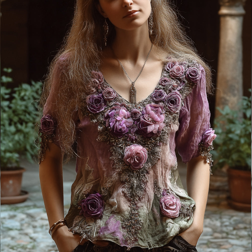 Ladies' Elegant Purple Embroidered Plant Flower Short-sleeved Casual Vintage Top artswardrobe