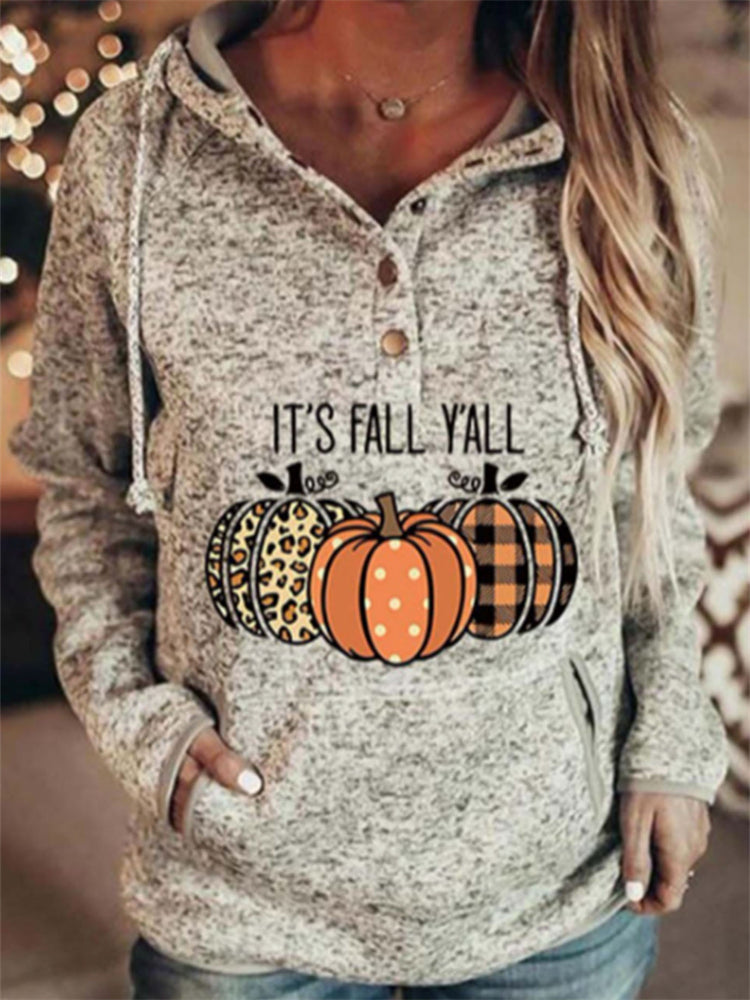 It's Fall Y'all Leopard Plaid Pumpkins Button Up Hoodie artswardrobe