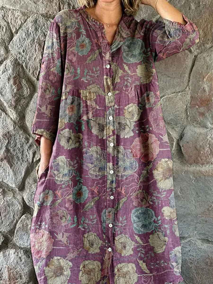 Women's Elegant Vintage Floral Pattern Shirt Style Cotton and Linen Dress