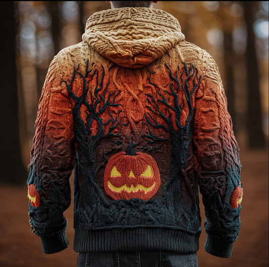 Halloween Pumpkin Element Gradient Color Men's Hooded Knit Sweater artswardrobe