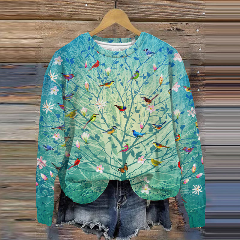 Birds In The Tree Print Women's Crew Neck Sweatshirt artswardrobe