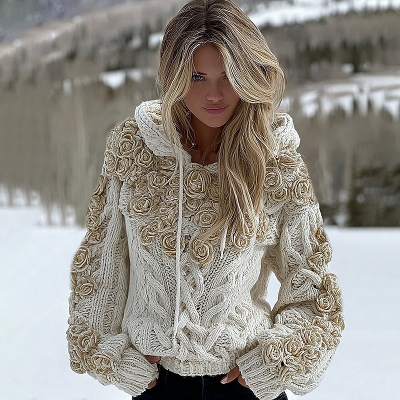 Women's White Rose Aran Classic Cable Hooded Sweater artswardrobe