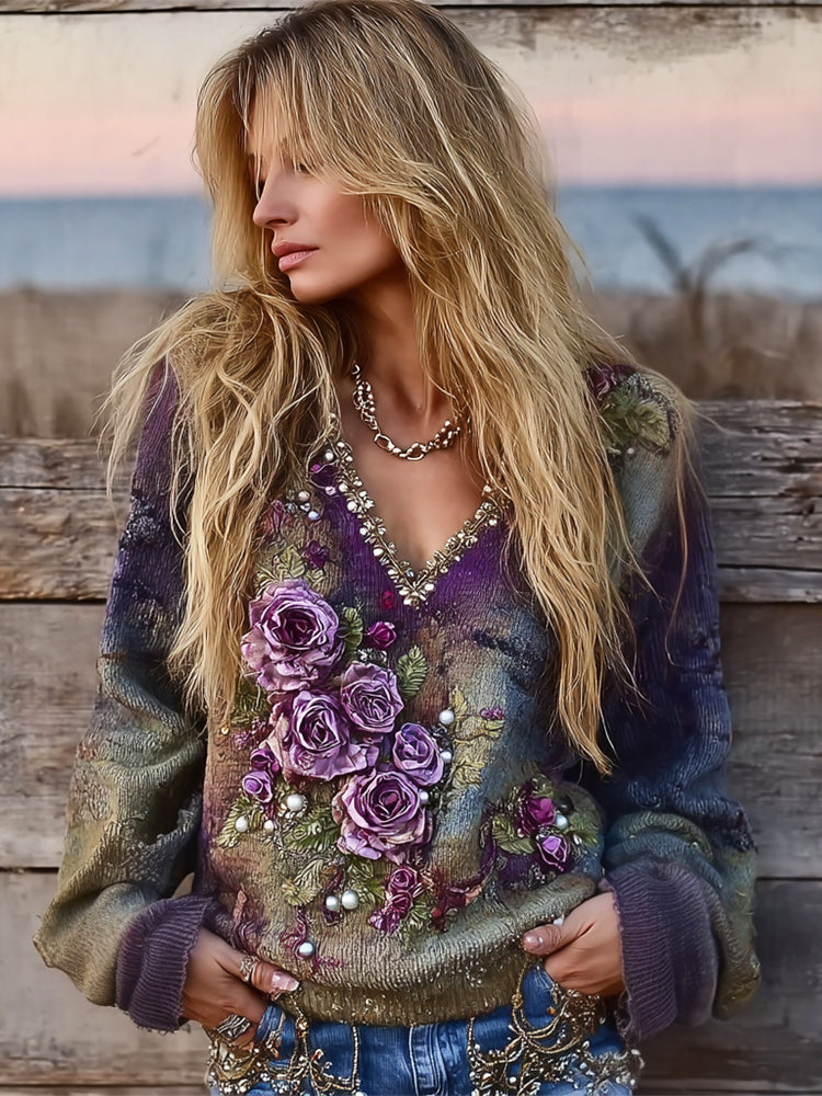 Boho 3d Floral Vintage Tie-dye Women's V-neck Sweater artswardrobe