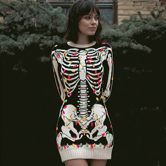 Comstylish Vintage Christmas Lights Tangled Skeleton Comfy Sweater Dress
