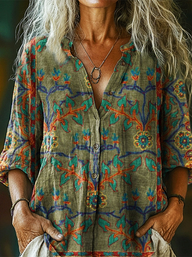 Women's Ethnic Totem Art Pattern Print Casual Cotton Linen Shirt