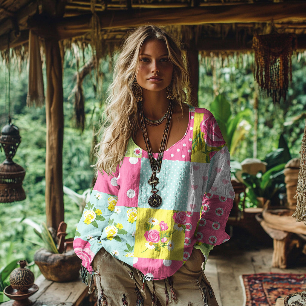 Women's Vintage Bohemian Patch Cotton And Linen Shirt artswardrobe