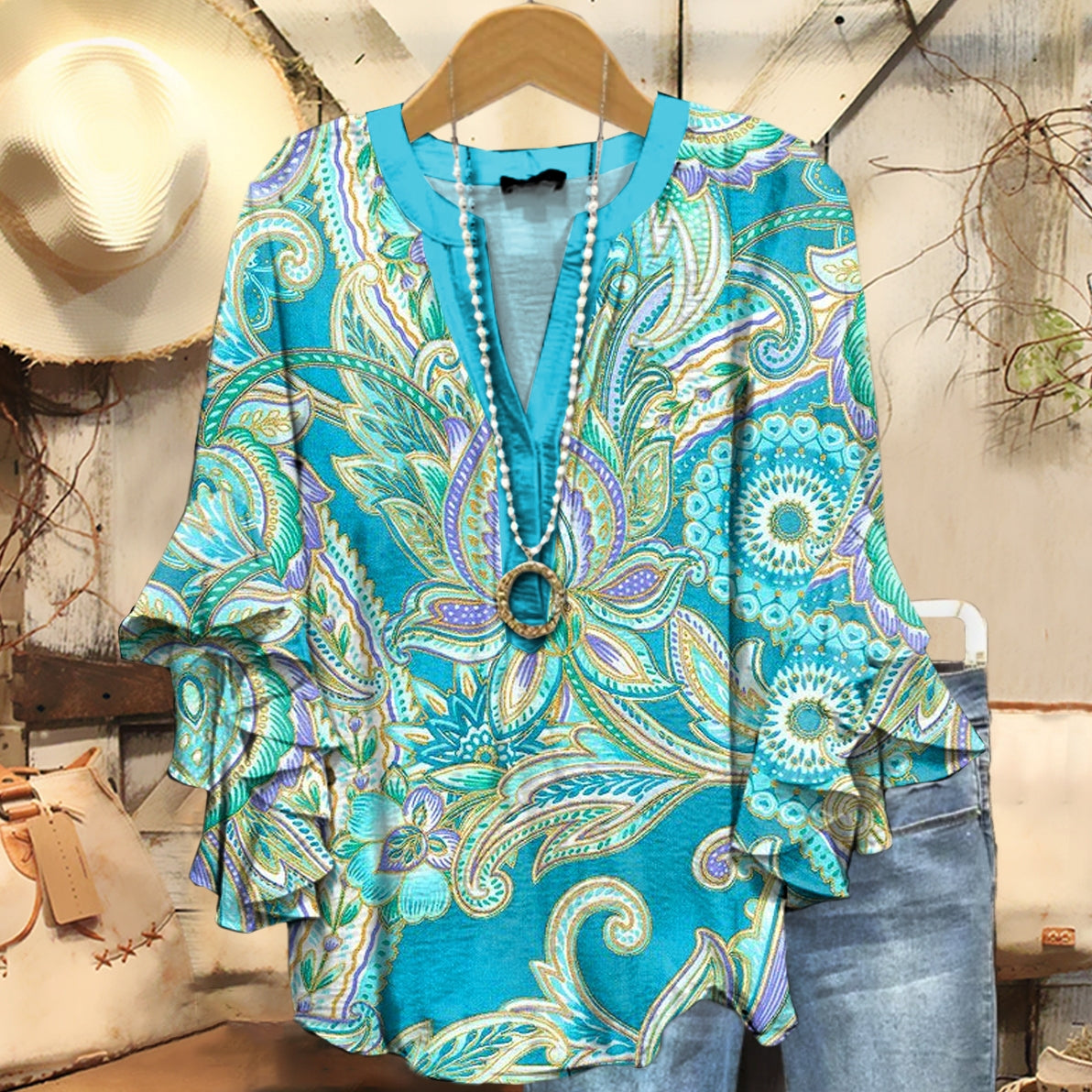 Women's Ethnic Paisley Floral Art Print Casual Ruffle Sleeve Top