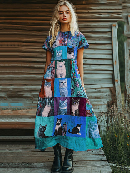 Pop Art Cute Cat Patchwork Design Cotton Linen Dress elevenforest