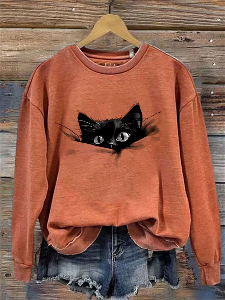 Comstylish Women's Casual Funny Black Cat Print Sweatshirt