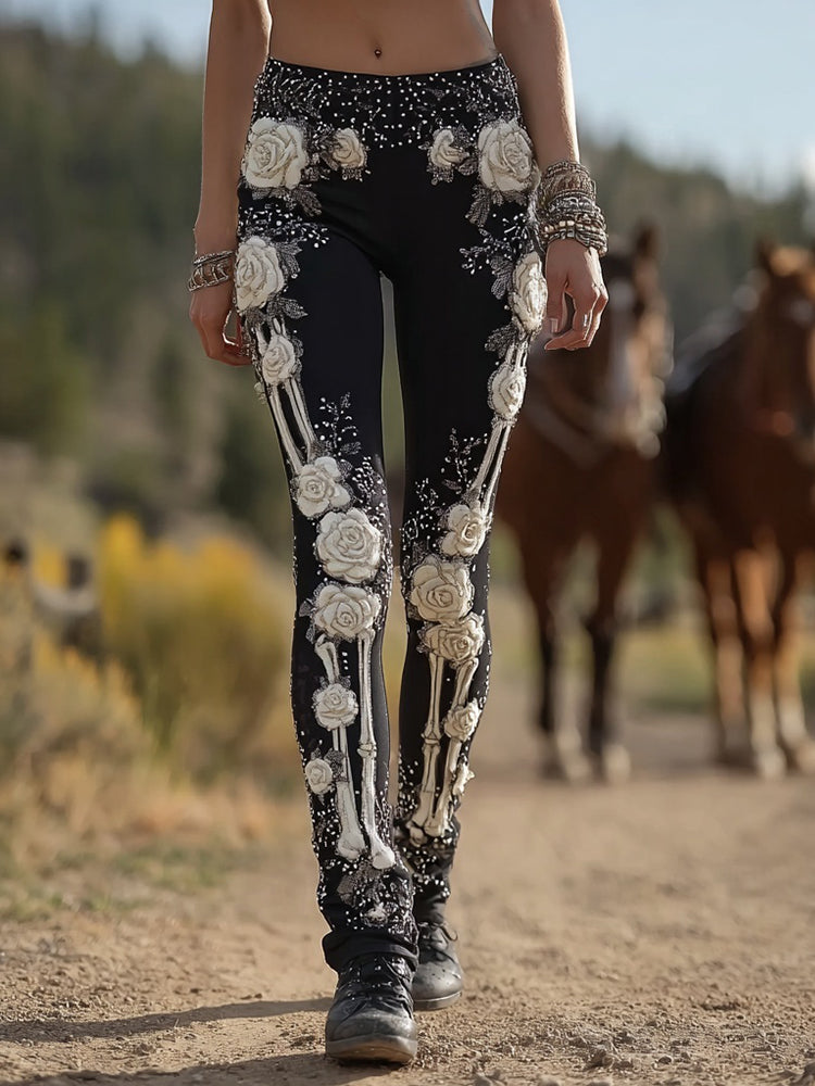 Classy Skeleton Roses Embroidered Casual Leggings artswardrobe