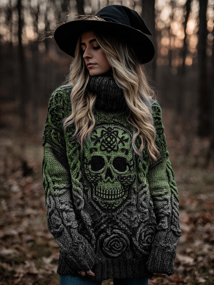 Women's Viking Tribal Jacquard Celtic With Rose And Skull Inspired Chunky Knit Hooded Sweater elevenforest