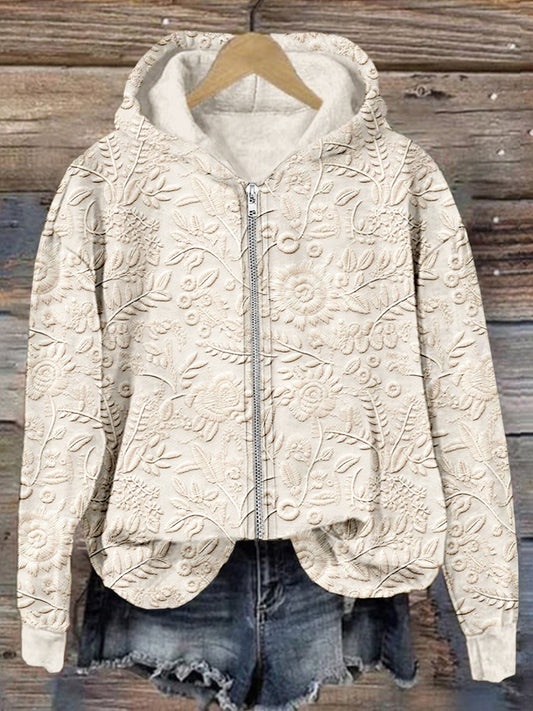 Comstylish Vintage Floral Embroidered Zip Up Cozy Hoodie