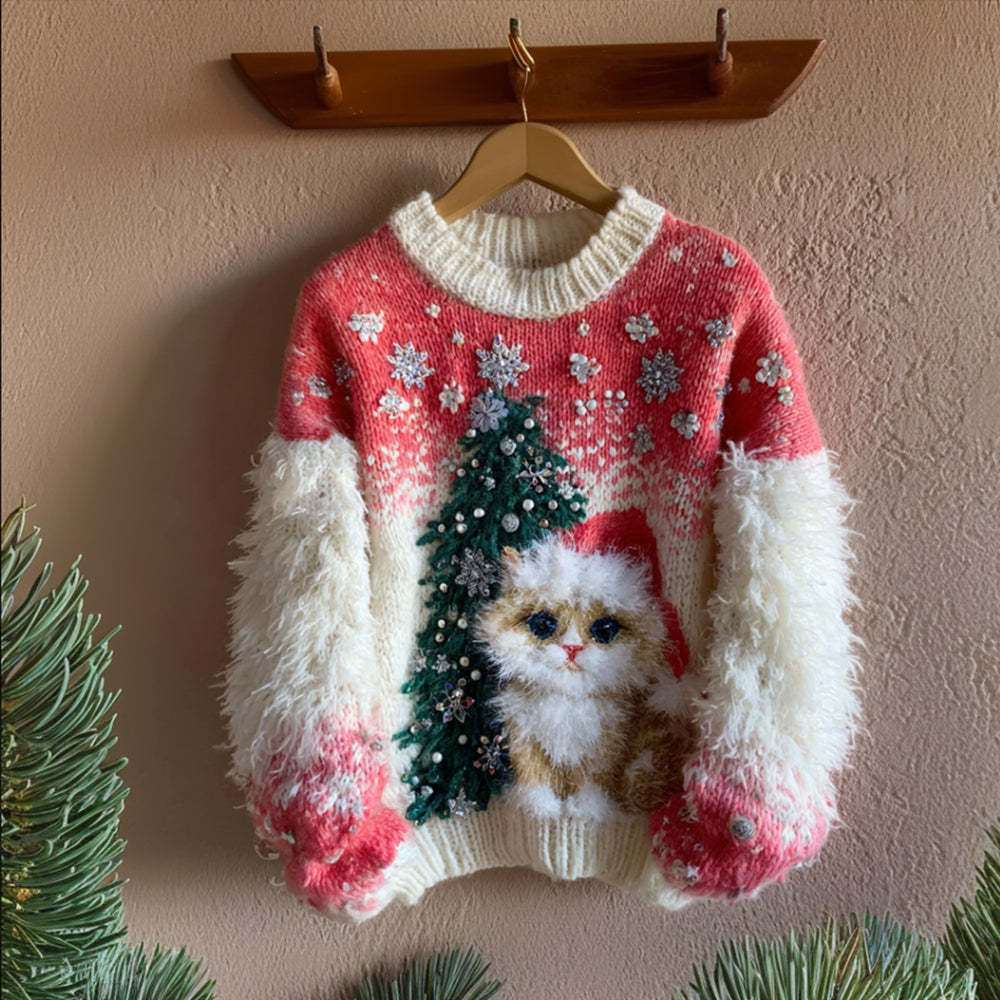Women's Christmas Tree And Cat Color Blocked Sweater artswardrobe
