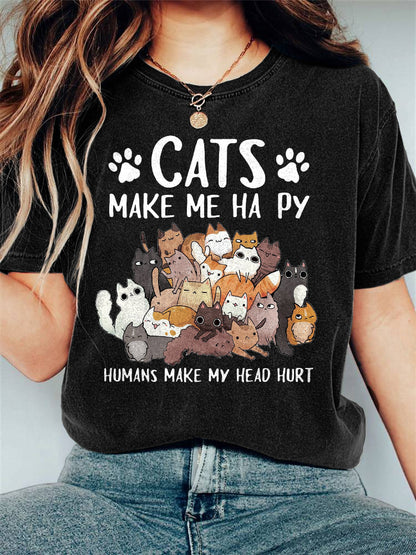 Comstylish Women's Cats Make Me happy Humans Make My Head Hurt Print T-Shirt