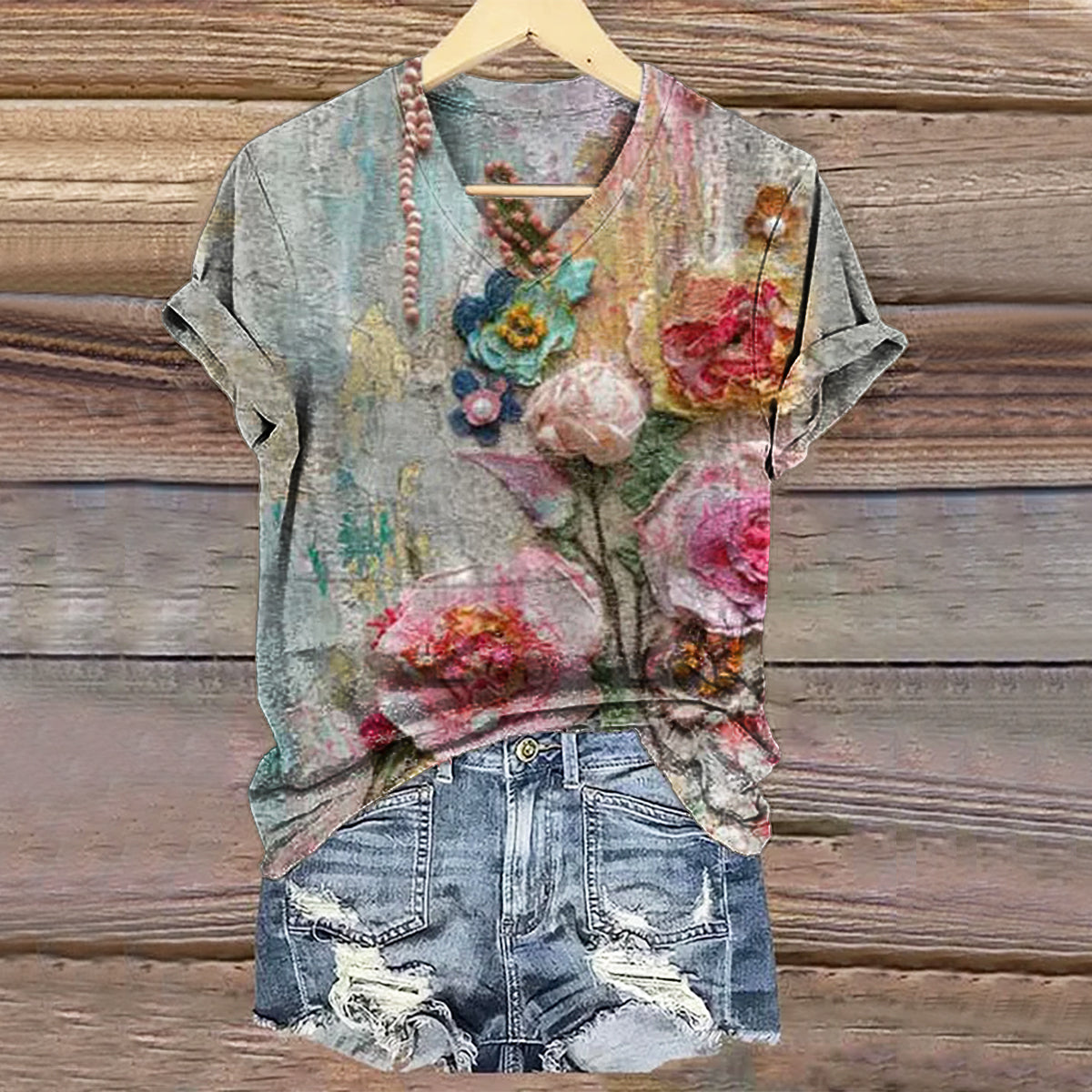 Women's Vintage Floral Art Print V-neck Casual T-Shirt