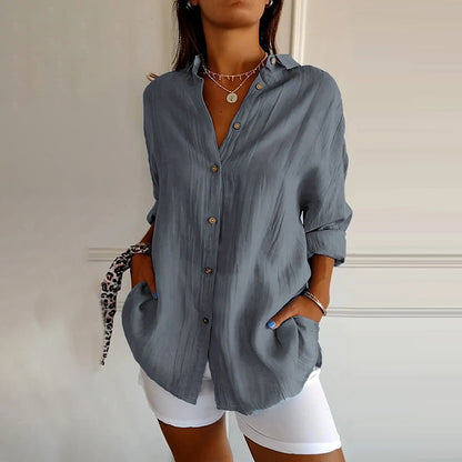 Comstylish Casual Single Breasted Pleated Lapel Solid Color Cotton Linen Shirt