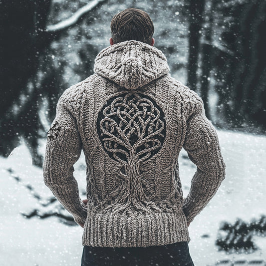 Men's Viking Tree Of Life Jacquard Celtic Style Knitted Hooded Sweater artswardrobe