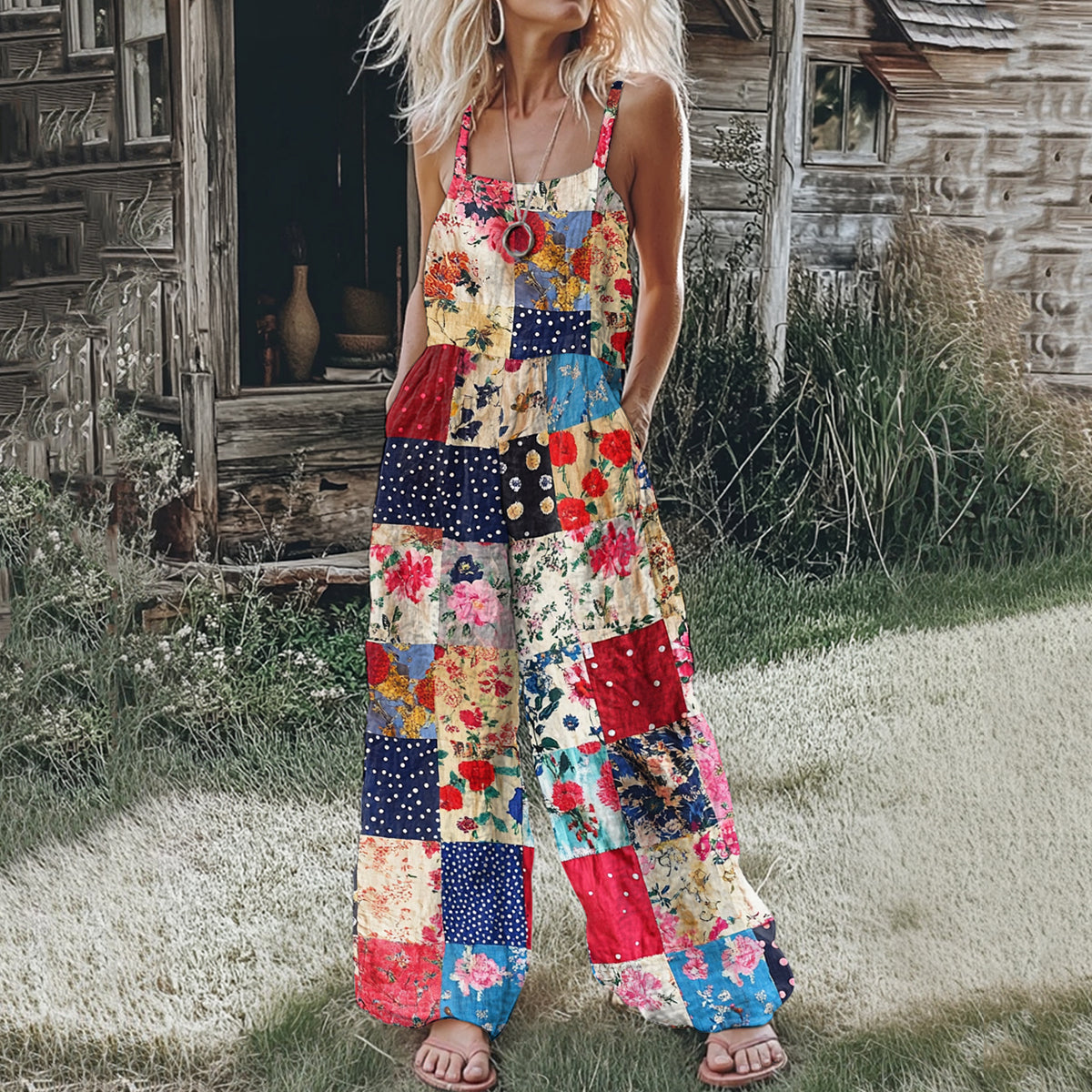Women's Bohemian Floral Patchwork Linen Print Linen Jumpsuit artswardrobe