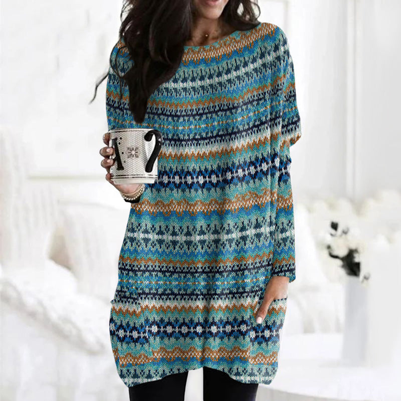 Vintage Icelandic Tribal Knitted Warm Round Neck Mid-Length Sweater Dress elevenforest