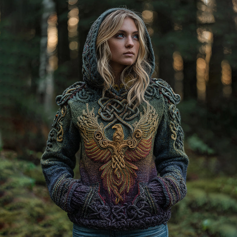 Women's Celtic Knot Myth Phoenix Embroidered Ombre Hooded Sweater elevenforest