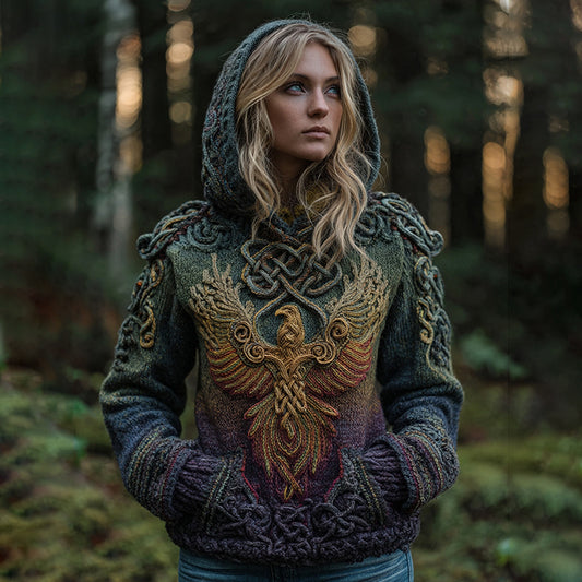 Women's Celtic Knot Myth Phoenix Embroidered Ombre Hooded Sweater elevenforest