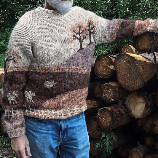 Mens Vintage Fair Isle Sheep Knitted Art Cozy Knit Sweater elevenforest