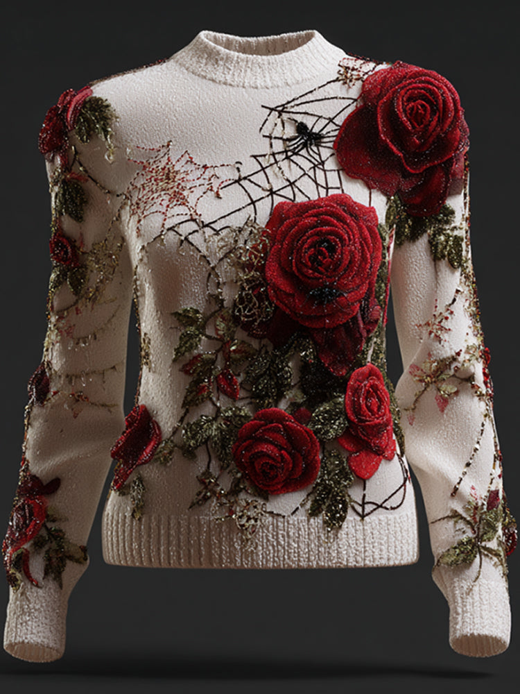 Women's Halloween Red Rose And Spider Web Warm Round Neck Sweater artswardrobe