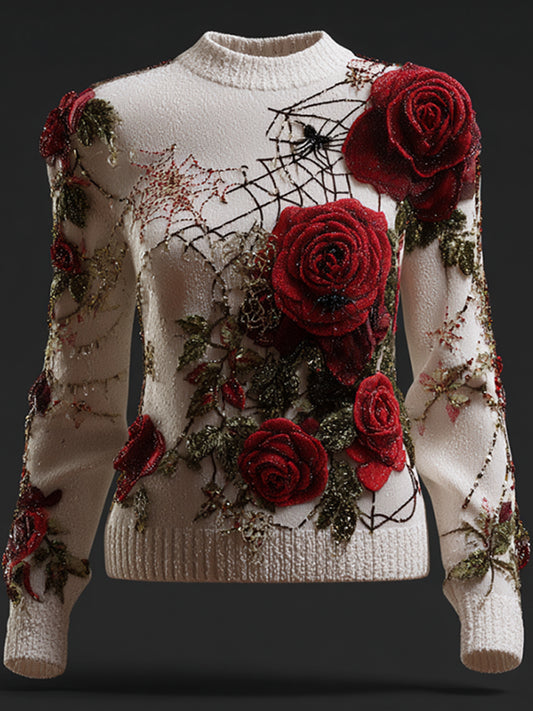 Women's Halloween Red Rose And Spider Web Warm Round Neck Sweater artswardrobe