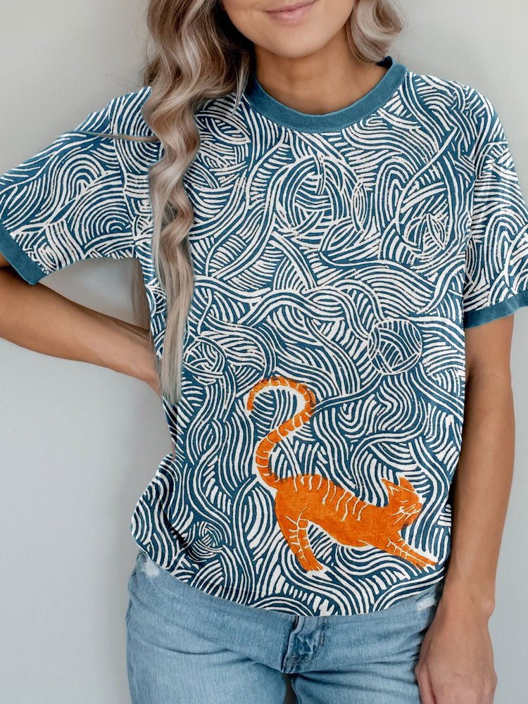 Lovely Cat Lino Art Crew Neck Comfy T Shirt elevenforest