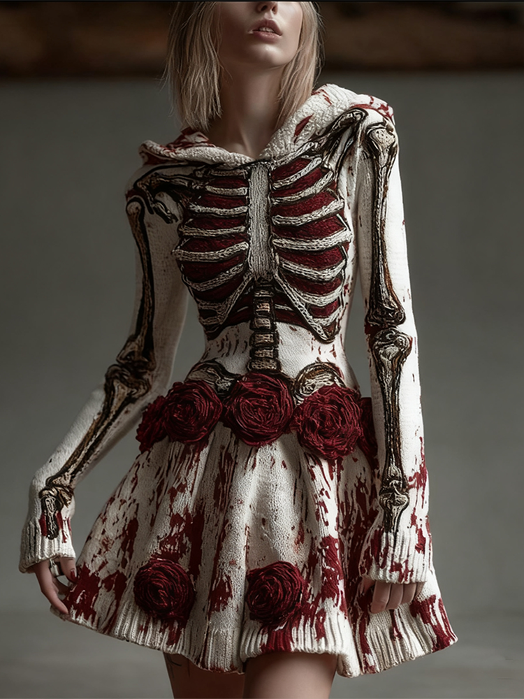 Halloween Blood Rose Women's Knit Hooded Sweater Dress artswardrobe