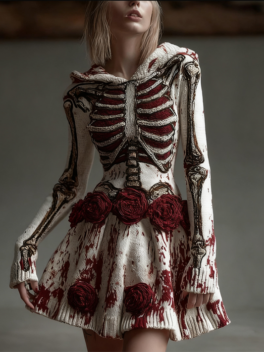 Comstylish Halloween Blood Rose Women's Knit Hooded Sweater Dress