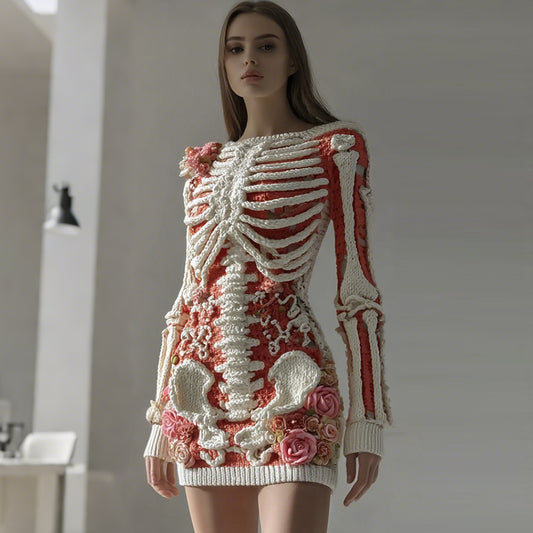 Women's Vintage Skull White Rose Crochet Cozy Knitted Sweater Dress artswardrobe