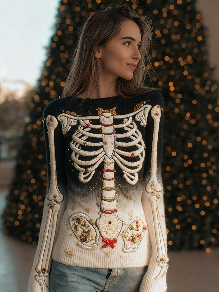 Comstylish Christmas Decoration Skull Art Gradient Color Crew Neck Sweater