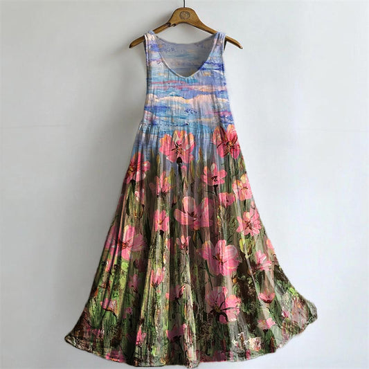 Women's Painting Floral Art Print Crew Neck Sleeveless Cotton Pocket D