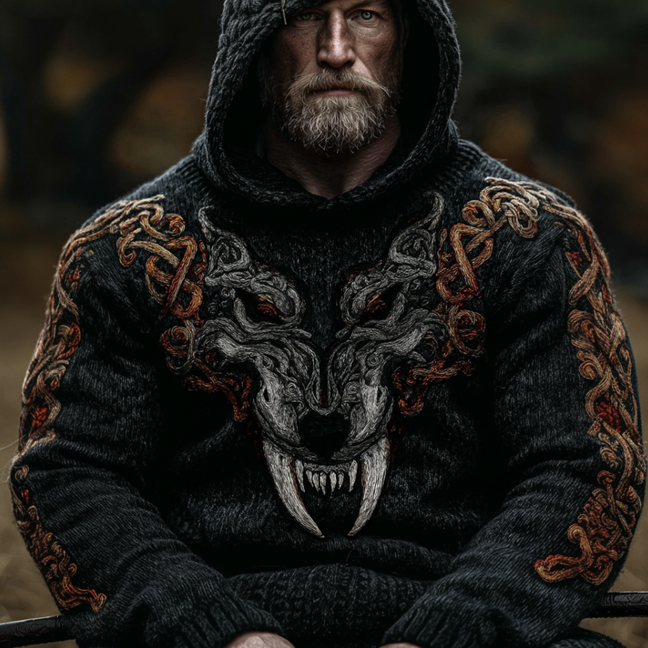 Men's Vintage Viking Wolf Embroidered Hooded Sweater artswardrobe