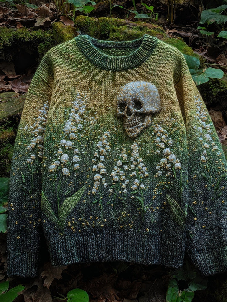 Vintage Lily Of The Valley & Skull Embroidered Comfy Knit Sweater elevenforest