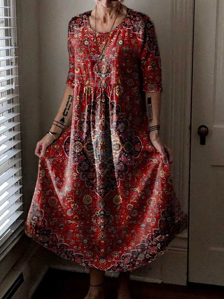 Women's Vintage Ethnic Floral Art Print Pocket Cotton Dress