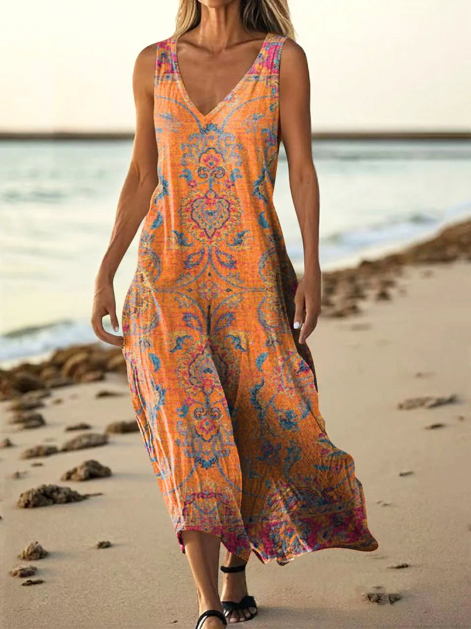 Women's Retro Ethnic Totem Art Pattern Print V-neck Sleeveless Pocket