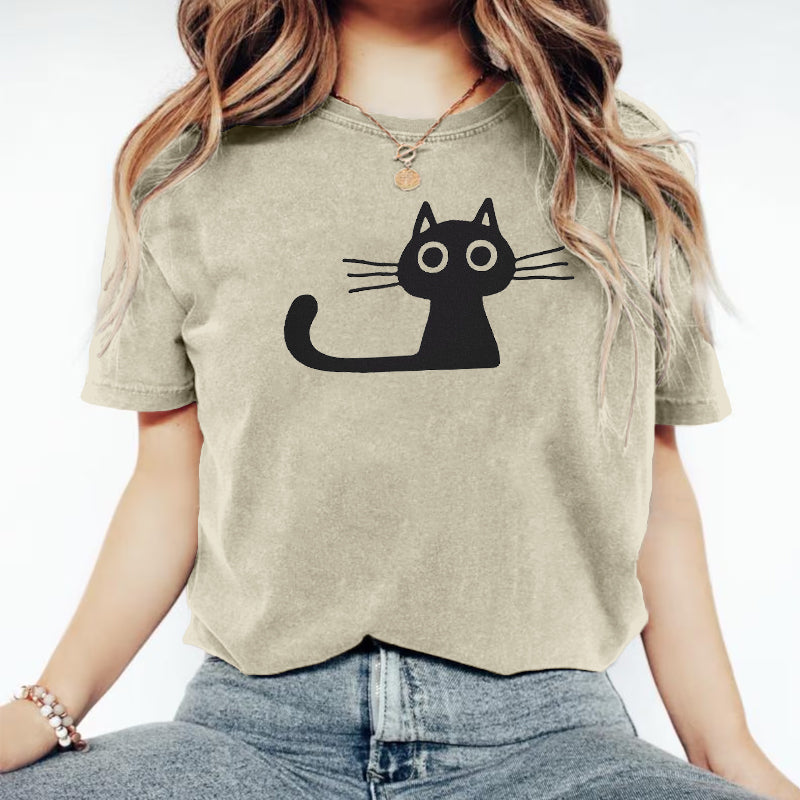 Cute Cat Print Crew Neck Vintage Cozy T Shirt elevenforest