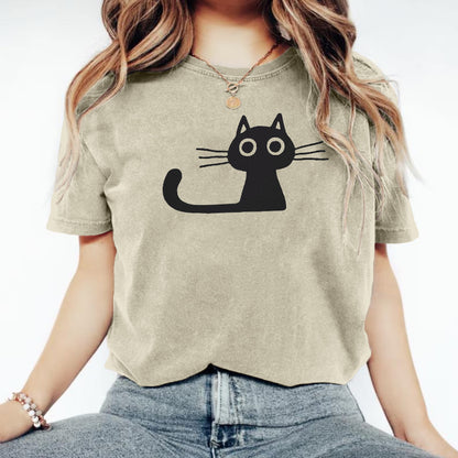 Cute Cat Print Crew Neck Vintage Cozy T Shirt elevenforest