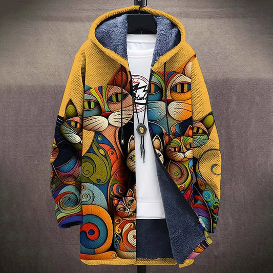 Cat Art Plush Thick Long Sleeve Printed Sweater Cardigan Jacket elevenforest