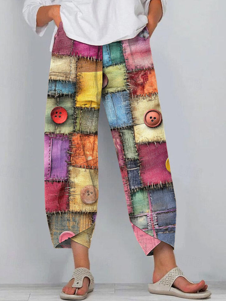 Women's Boho Multicolor Patchwork Art Linen Blend Pants artswardrobe
