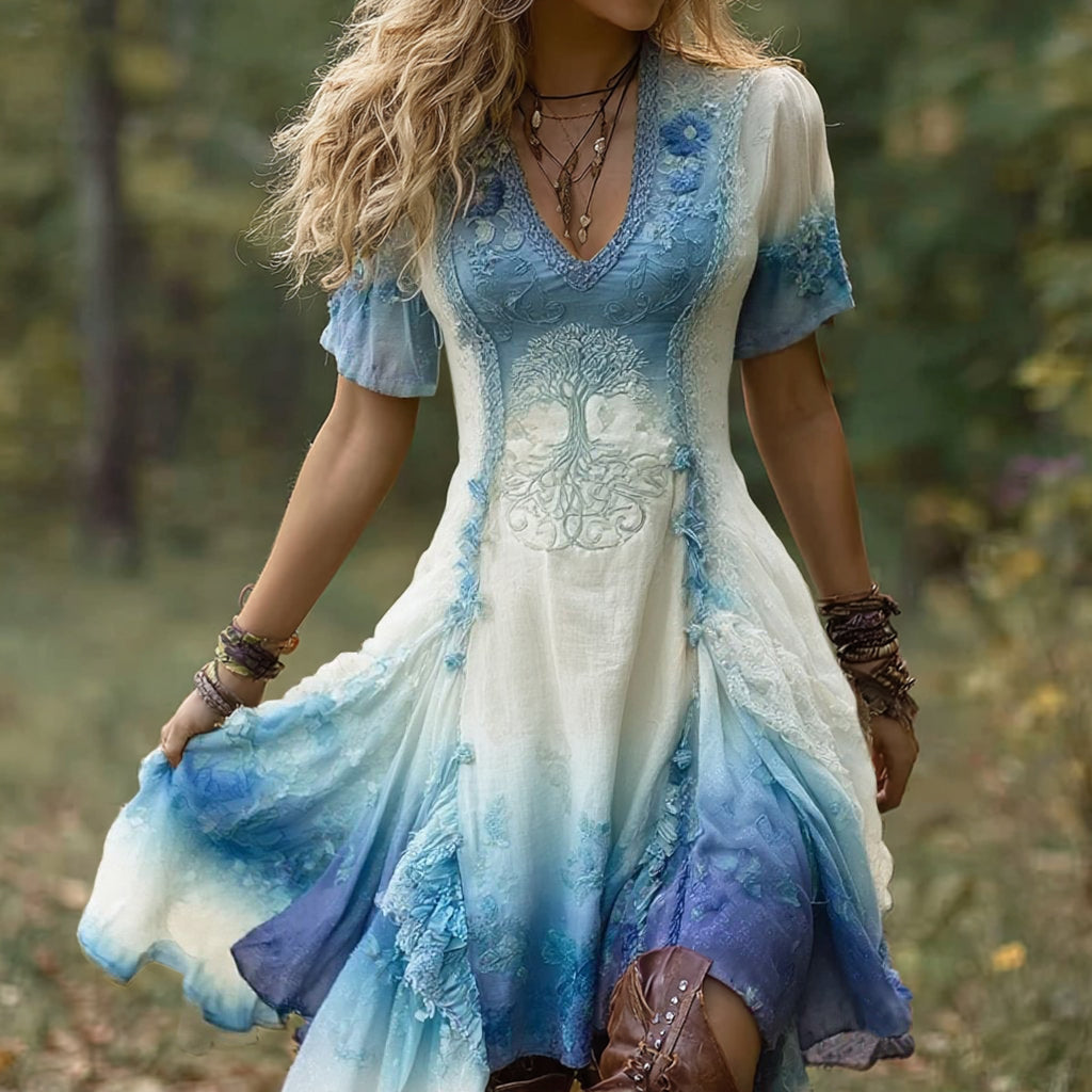Women's Vintage Viking Tree Of Life Gradient Midi Dress artswardrobe