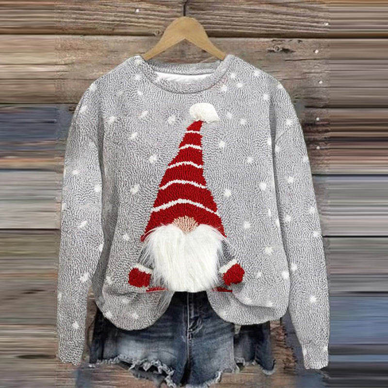 Comstylish Women's Christmas Gnome Print Round Neck Casual Sweatshirt